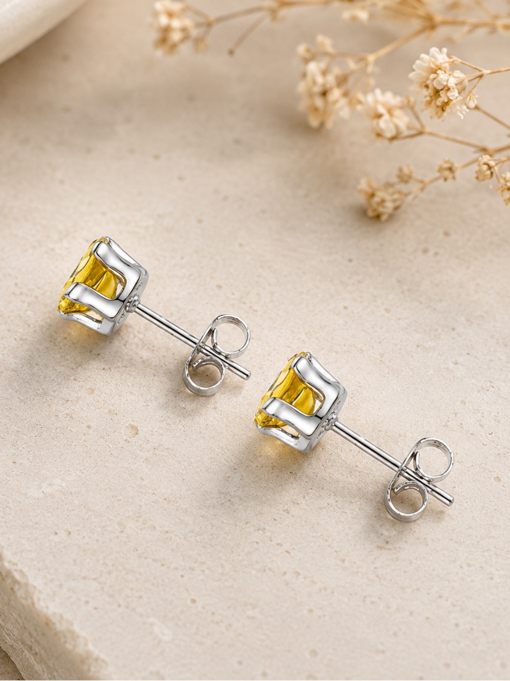 Yellow CZ Stainless Steel Stud Earrings 6mm 20G - Picture 3 of 4